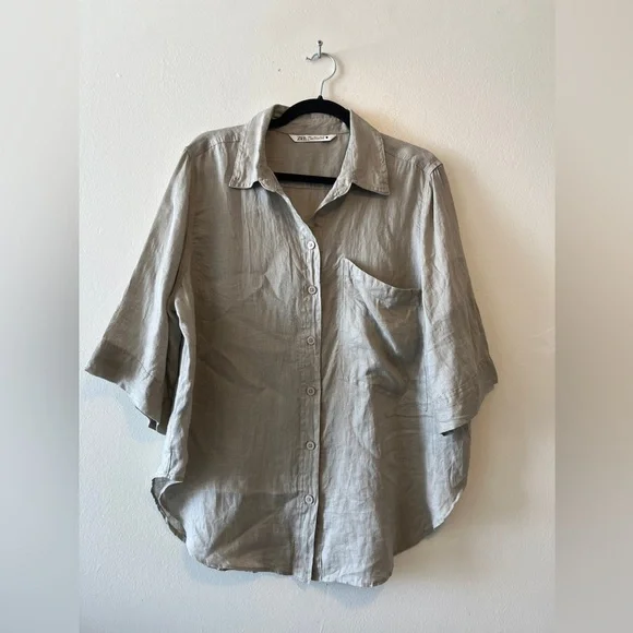Zara 100% Linen Taupe Gray Lightweight Boxy Shirt Size Large Button Down Casual - Picture 5 of 11